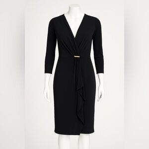 Charter Club Black Wrap Midi Dress Medium Ruched Waist Gold Bar Detail NWT Sz M